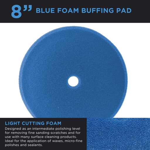 8" Blue Medium Foam Grip Pad Light Cut Polish Buff - Hook & Loop