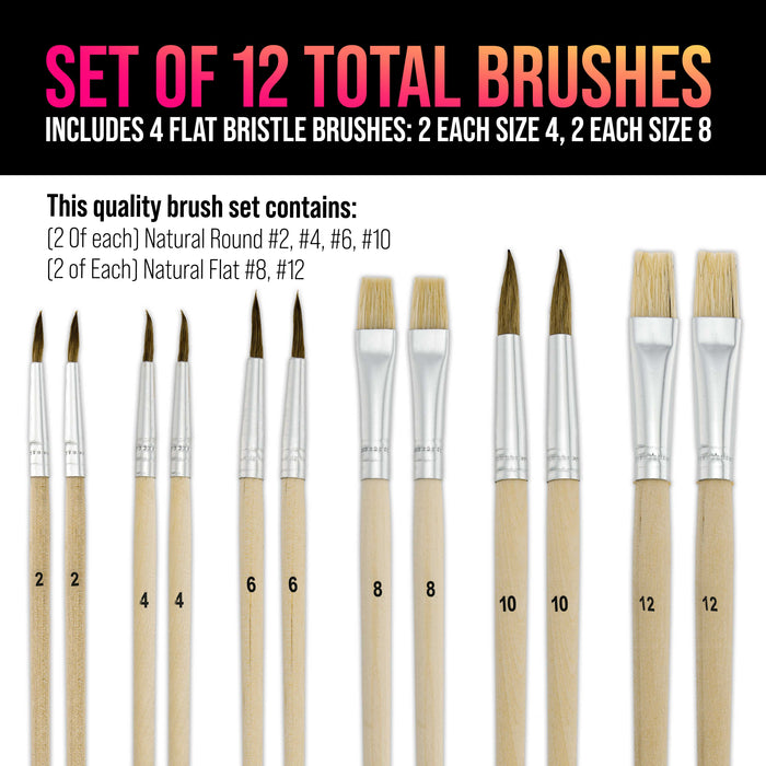 U.S. Art Supply 12-Piece Artist Paint Brush Set with 9" x 12" Wood Painting Palette - 12 Premium Round & Flat Bristle Paintbrushes - Fun Kids, Adults