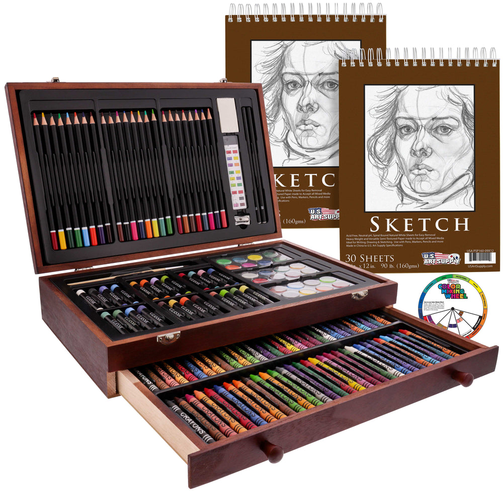 U.S. Art Supply 145-Piece Mega Wood Box Art Painting and Drawing Set, 2 Sketch Pads, 24 Watercolors, 24 Oil Pastels, 24 Colored Pencils, 60 Crayons