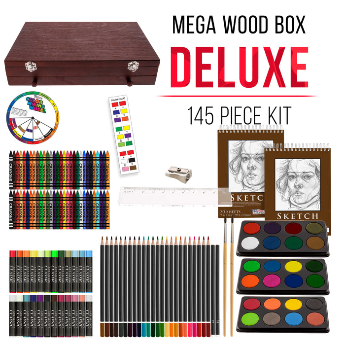 Wooden Art Box & Drawing Kit With Crayons, Oil Pastels, Colored Pencils,  Watercolor Cakes, Sketch Pencils, Paint Brush, Sharpener, Eraser 