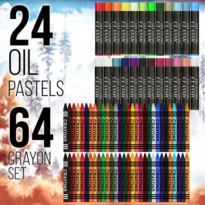U.S. Art Supply 145-Piece Mega Wood Box Art Painting and Drawing Set, 2 Sketch Pads, 24 Watercolors, 24 Oil Pastels, 24 Colored Pencils, 60 Crayons