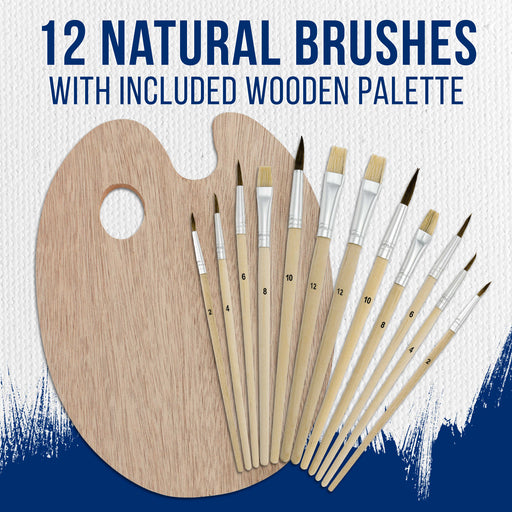 U.S. Art Supply 12-Piece Artist Paint Brush Set with 9" x 12" Wood Painting Palette - 12 Premium Round & Flat Bristle Paintbrushes - Fun Kids, Adults