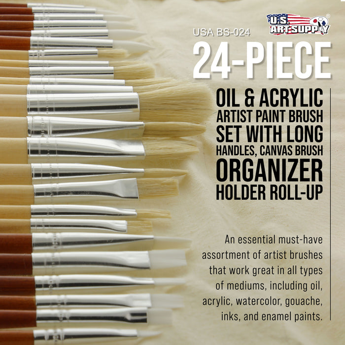 24 Piece Oil & Acrylic Paint Long Handle Artist Paint Brush Set with Canvas Carrying Case