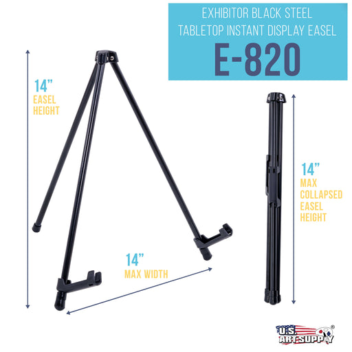 14" High Exhibitor Black Steel Tabletop Instant Display Easel - Small Portable Tripod Stand, Adjustable Holders - Display Paintings, Pictures, Signs