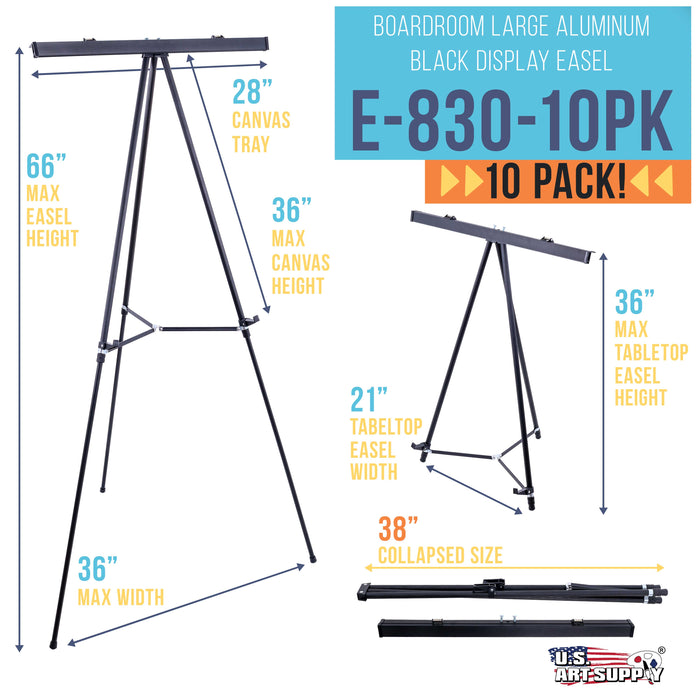 U.S. Art Supply 66" High Boardroom Black Aluminum Flipchart Display Easel and Presentation Stand (Pack of 10) - Large Adjustable Floor and Tabletop Portable Tripod, Holds 25 lbs, Writing Pads, Posters