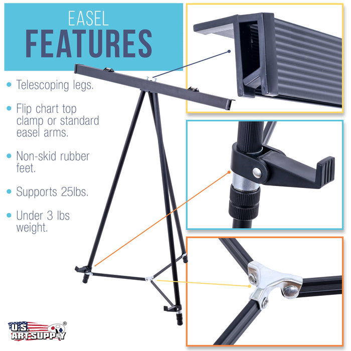 U.S. Art Supply 66" High Boardroom Black Aluminum Flipchart Display Easel and Presentation Stand (Pack of 10) - Large Adjustable Floor and Tabletop Portable Tripod, Holds 25 lbs, Writing Pads, Posters