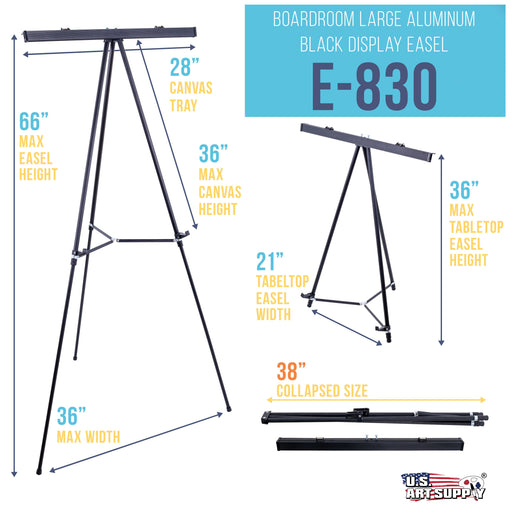 66" High Boardroom Black Aluminum Flipchart Display Easel and Presentation Stand - Large Adjustable Floor and Tabletop Portable Tripod, Holds 25 lbs