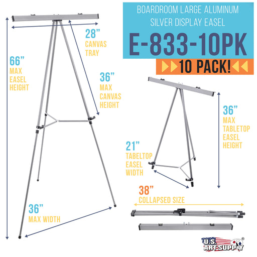 U.S. Art Supply 66" High Classroom Silver Aluminum Flipchart Display Easel and Presentation Stand (Pack of 10) - Large Adjustable Floor and Tabletop Portable Tripod, Holds 25 lbs, Writing Pads, Posters