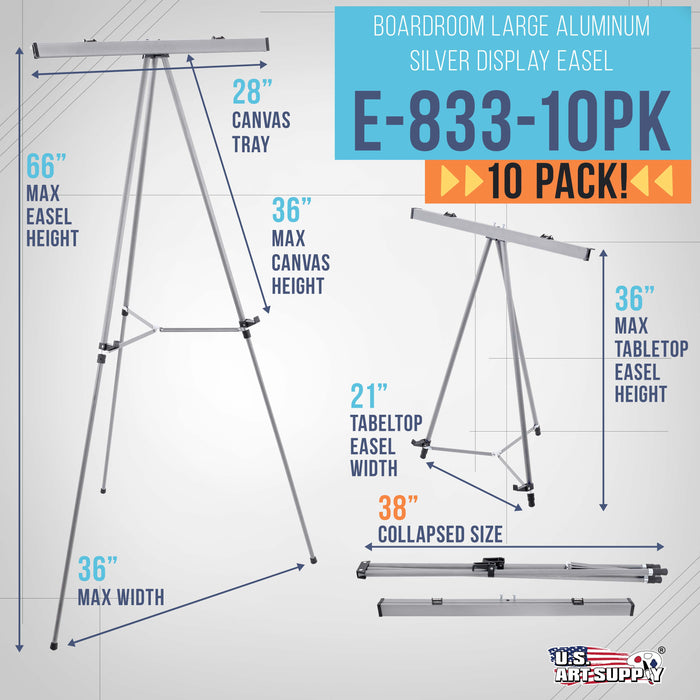 66" High Boardroom Classroom Silver Flip Chart Easel & Presentation Stand (10 Pack) - Adjustable Floor/Tabletop, Portable Tripod, Holds 25 lbs., for Chart Paper, Poster Boards, & Pads
