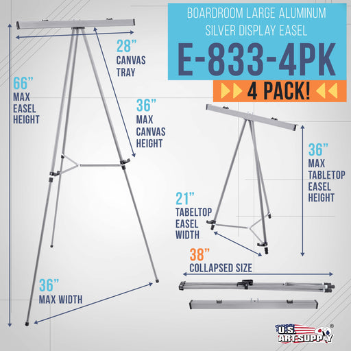 66" High Classroom Silver Aluminum Flip Chart Easel & Presentation Stand (4 Pack) - Adjustable Floor/Tabletop, Portable Tripod, Holds 25 lbs., for Chart Paper, Poster Boards, & Pads