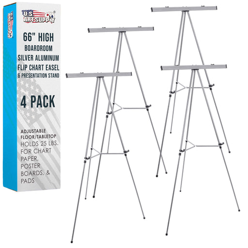 66" High Classroom Silver Aluminum Flip Chart Easel & Presentation Stand (4 Pack) - Adjustable Floor/Tabletop, Portable Tripod, Holds 25 lbs., for Chart Paper, Poster Boards, & Pads