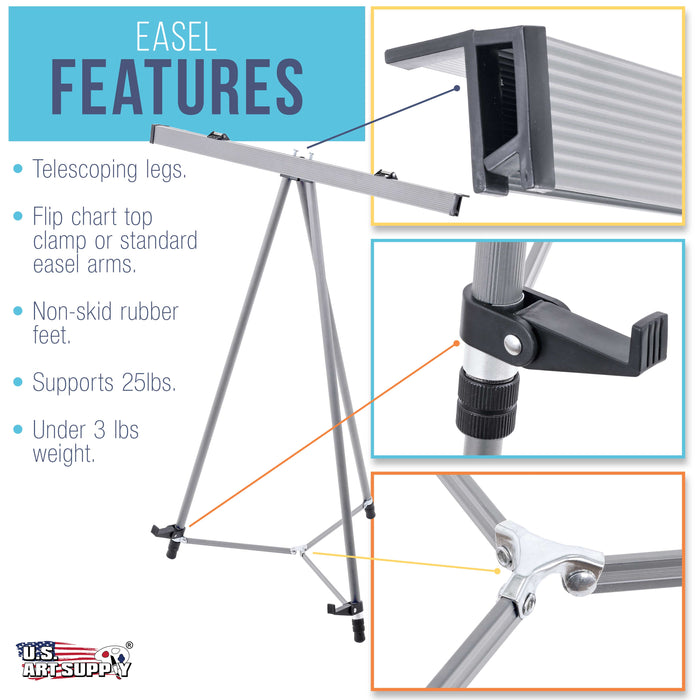 66" High Classroom Silver Aluminum Flipchart Display Easel and Presentation Stand - Large Adjustable Floor and Tabletop Portable Tripod, Holds 25 lbs