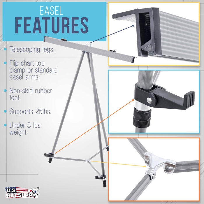 66" High Classroom Silver Aluminum Flip Chart Easel & Presentation Stand - Adjustable Floor/Tabletop, Portable Tripod, Holds 25 lbs., for Chart Paper, Poster Boards, & Pads