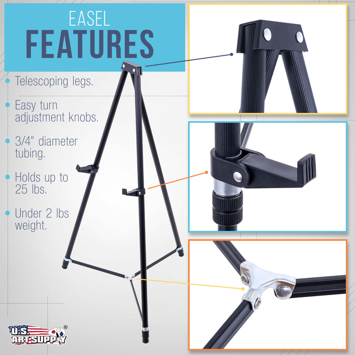 66" High Black Metal Display Easel (10 Pack) - Large Adjustable Height Portable Easel Stand, Sign Display, Holds 25 lbs - Floor & Tabletop Easels, Painting Stand