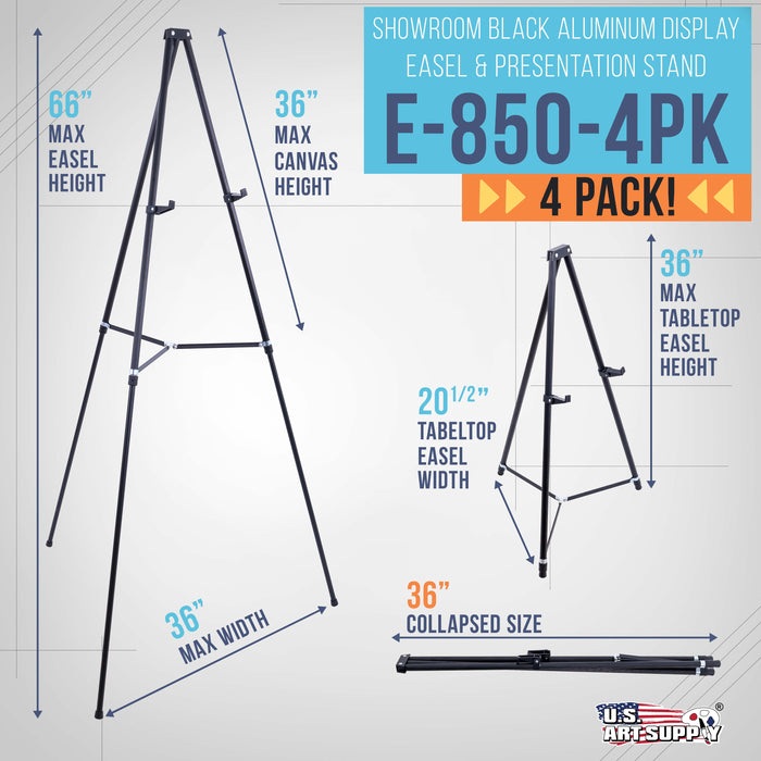 66" High Black Metal Display Easel (4 Pack) - Large Adjustable Height Portable Easel Stand, Sign Display, Holds 25 lbs - Floor & Tabletop Easels, Painting Stand