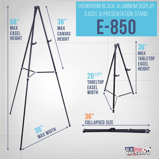 66" High Black Metal Display Easel - Large Adjustable Height Portable Easel Stand, Sign Display, Holds 25 lbs - Floor & Tabletop Easels, Painting Stand