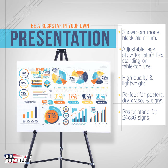 66" High Black Metal Display Easel - Large Adjustable Height Portable Easel Stand, Sign Display, Holds 25 lbs - Floor & Tabletop Easels, Painting Stand