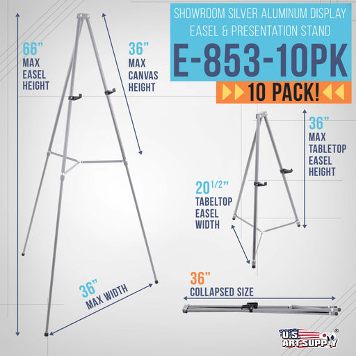 66" High Gallery Silver Metal Display Easel (10 Pack) - Large Adjustable Height Portable Easel Stand, Sign Display, Holds 25 lbs - Floor & Tabletop Easels, Painting Stand