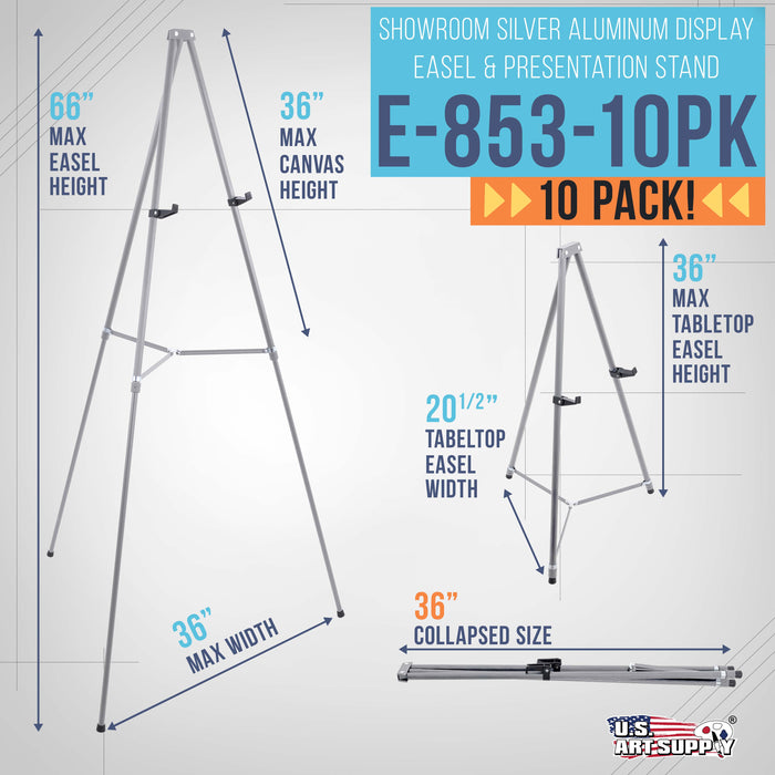 66" High Gallery Silver Metal Display Easel (10 Pack) - Large Adjustable Height Portable Easel Stand, Sign Display, Holds 25 lbs - Floor & Tabletop Easels, Painting Stand