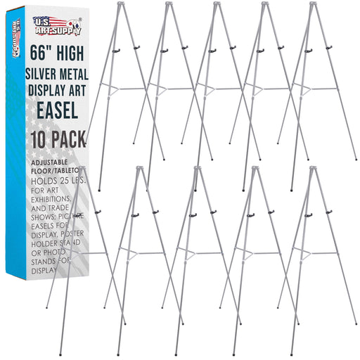 66" High Gallery Silver Metal Display Easel (10 Pack) - Large Adjustable Height Portable Easel Stand, Sign Display, Holds 25 lbs - Floor & Tabletop Easels, Painting Stand