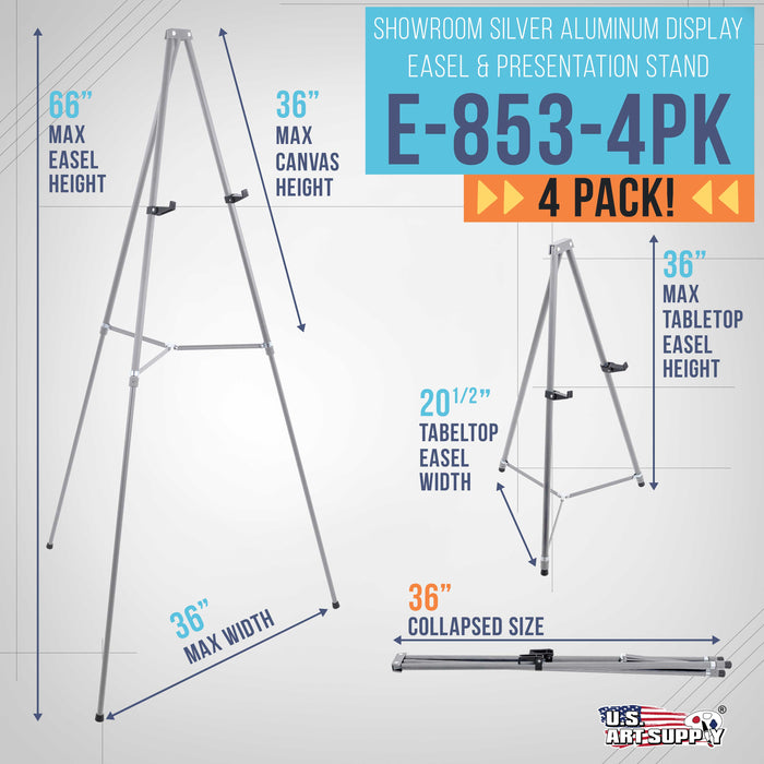 66" High Gallery Silver Metal Display Easel (4 Pack) - Large Adjustable Height Portable Easel Stand, Sign Display, Holds 25 lbs - Floor & Tabletop Easels, Painting Stand