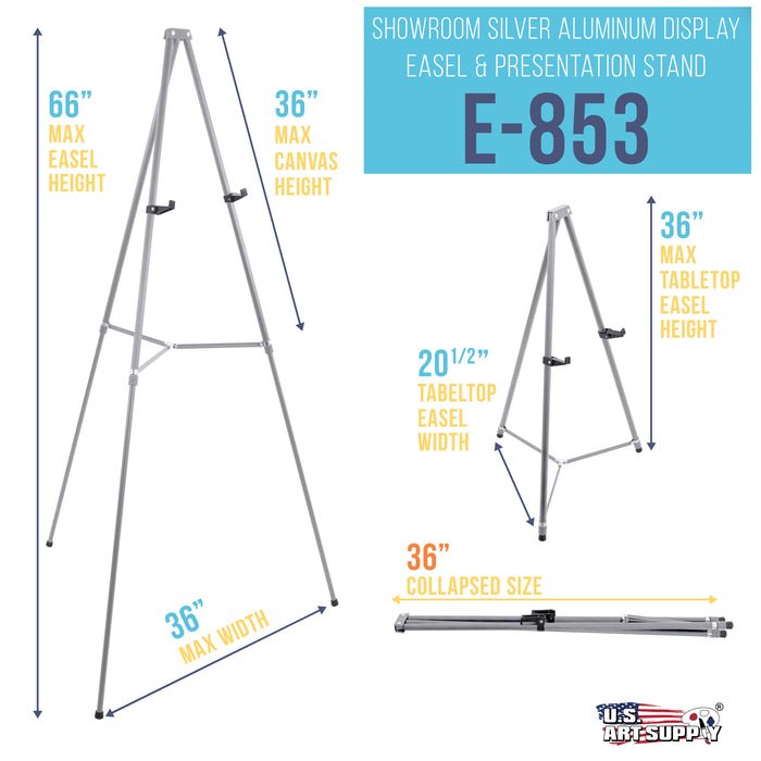 66" High Gallery Silver Aluminum Display Easel and Presentation Stand - Large Adjustable Height Portable Tripod, Holds 25 lbs - Floor Tabletop Display