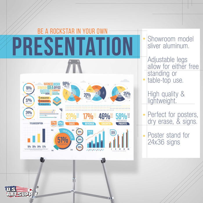 66" High Gallery Silver Metal Display Easel - Large Adjustable Height Portable Easel Stand, Sign Display, Holds 25 lbs - Floor & Tabletop Easels, Painting Stand