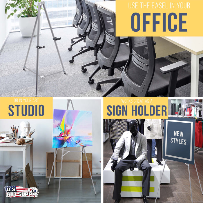 66" High Gallery Silver Metal Display Easel - Large Adjustable Height Portable Easel Stand, Sign Display, Holds 25 lbs - Floor & Tabletop Easels, Painting Stand