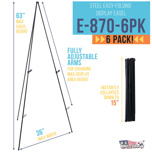 63" High Steel Easy Folding Display Easel (Pack of 6) - Quick Set-Up, Instantly Collapses, Adjustable Height Display Holders - Portable Tripod Stand