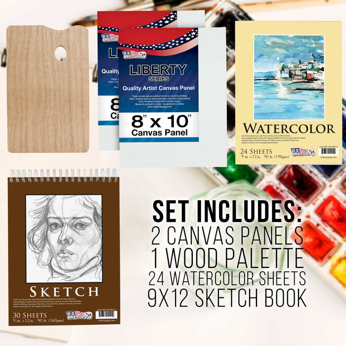 95 Piece Wood Box Easel Painting Set - Oil, Acrylic, Watercolor Paint Colors & Paint Brushes, Oil Artist Pastels, Pencils, Watercolor & Sketch Pads