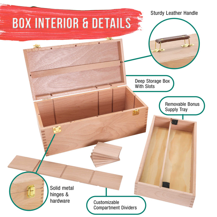 Multi-Function Artist Supply Box with Locking Clasps & Removable Tray - Wooden Art Box for Artist Supplies, Brushes, Pencils, Erasers, Tool Storage Organizer Case