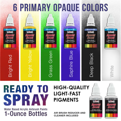 6 Color Starter Primary Opaque Acrylic Airbrush Paint Set with Reducer & Cleaner, Ready to Spray, 1 oz. Bottles