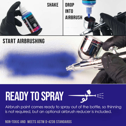 6 Color Starter Primary Opaque Acrylic Airbrush Paint Set with Reducer & Cleaner, Ready to Spray, 1 oz. Bottles