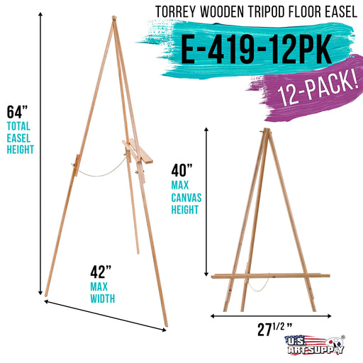 64" High Torrey Wooden A-Frame Tripod Studio Artist Floor Easel, 12 Pack - Adjustable Tray Height, Holds 40" Canvas, Wood Display Holder Stand