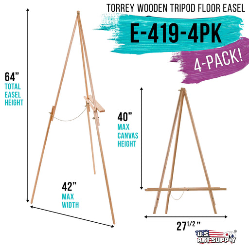 64" High Torrey Wooden A-Frame Tripod Studio Artist Floor Easel, 4 Pack - Adjustable Tray Height, Holds 40" Canvas - Wood Display Holder Stand