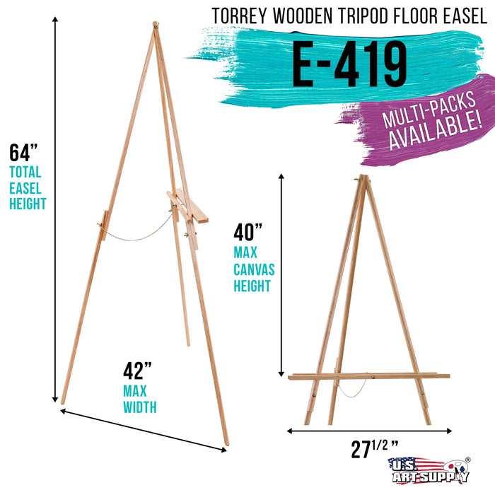64" High Torrey Wooden A-Frame Tripod Studio Artist Floor Easel - Adjustable Tray Height, Holds 40" Canvas - Wood Display Holder Stand for Paintings