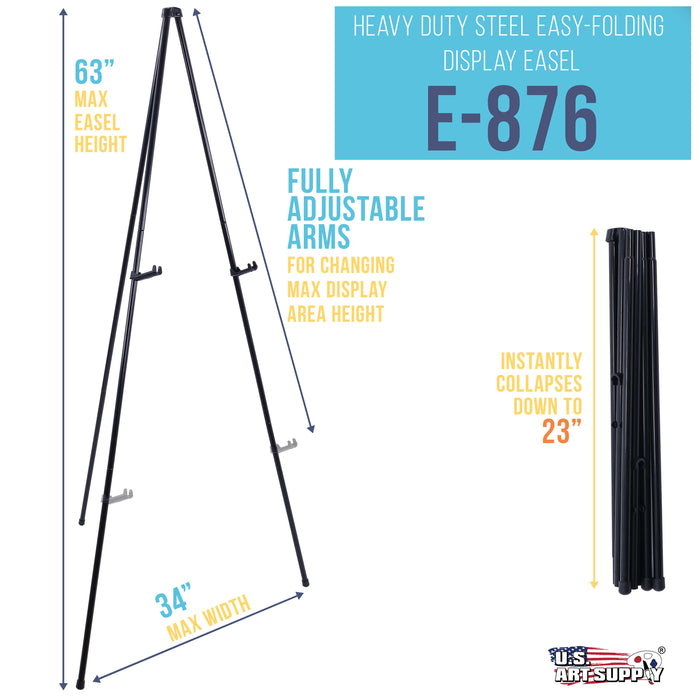 63" High Heavy Duty Steel Easy Folding Display Easel - Instantly Collapses, Adjustable Height Display Holders - Portable Tripod Stand, Event Signs