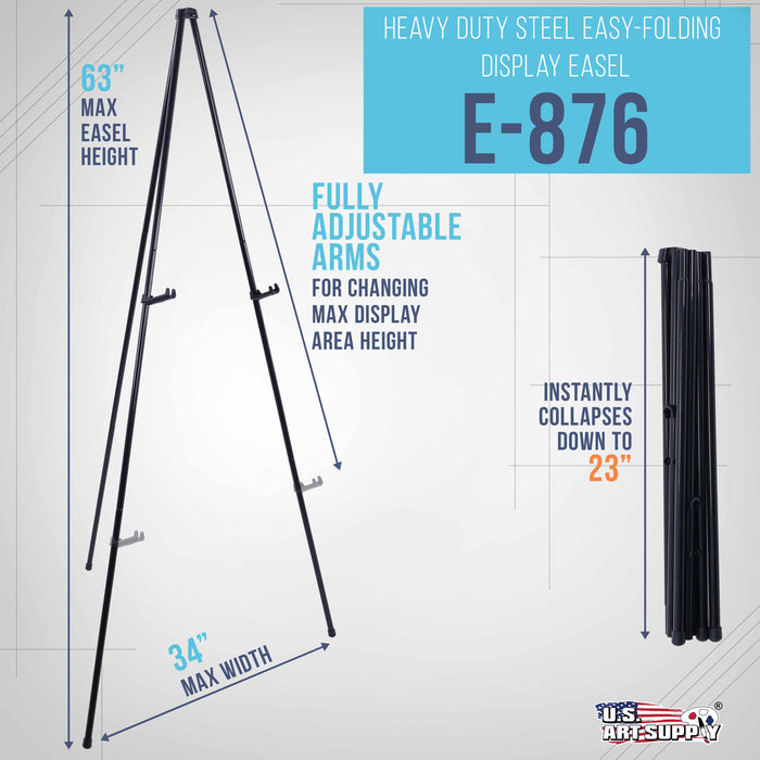 U.S. Art Supply 63" High Heavy Duty Metal Folding Display Easel - Adjustable Height, Holds 10 lbs - Portable Art Easel Stand - For Sign, Poster, Canvas, Painting, Picture Display