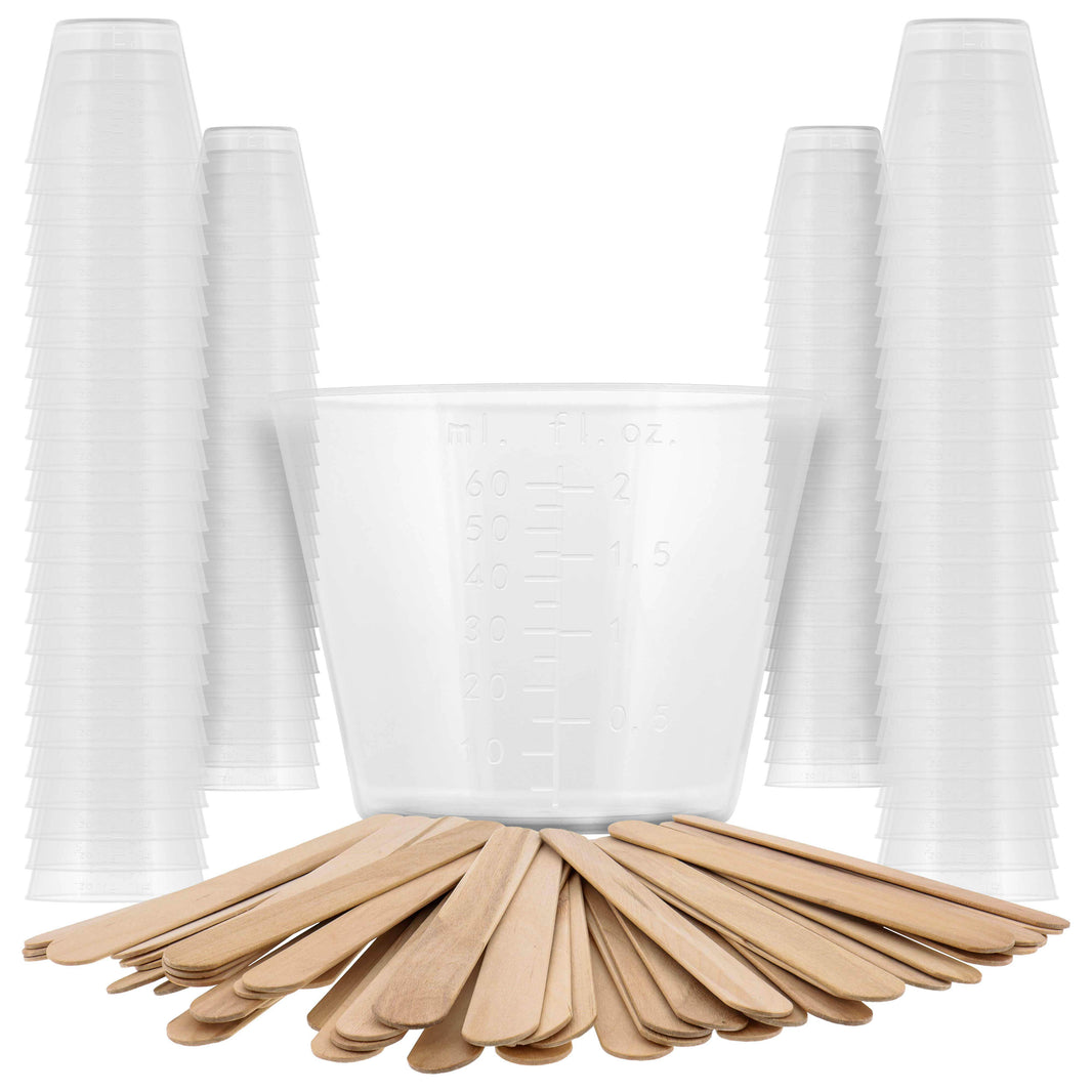 2 Oz (60 ml) Liquid Measuring Cups - Plastic Graduated Cup (100 Pack) with 25 Sticks - Reusable Mixing Cups for Paint, Craft, Kitchen, Lab, Medical Supplies, Epoxy Resin, Art