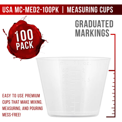 2 Oz (60 ml) Liquid Measuring Cups - Plastic Graduated Cup (100 Pack) with 25 Sticks - Reusable Mixing Cups for Paint, Craft, Kitchen, Lab, Medical Supplies, Epoxy Resin, Art