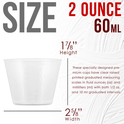 2 Oz (60 ml) Liquid Measuring Cups - Plastic Graduated Cup (100 Pack) with 25 Sticks - Reusable Mixing Cups for Paint, Craft, Kitchen, Lab, Medical Supplies, Epoxy Resin, Art