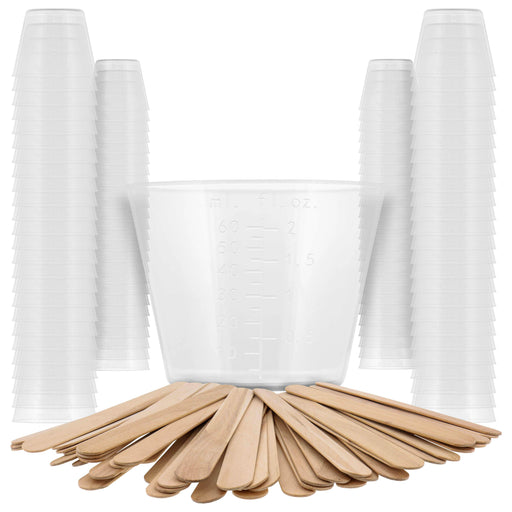 Pouring Masters 2 Ounce (60ml) Graduated Plastic Measuring Cups (100 Clear Cups, 25 Mixing Sticks) - OZ, ML Measurements, Acrylic Paint, Resin, Epoxy