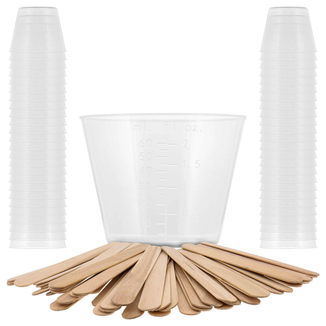 2 Oz (60 ml) Liquid Measuring Cups - Plastic Graduated Cup (50 Pack) with 25 Sticks - Reusable Mixing Cups for Paint, Craft, Kitchen, Lab, Medical Supplies, Epoxy Resin, Art