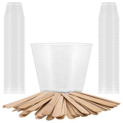 2 Oz (60 ml) Liquid Measuring Cups - Plastic Graduated Cup (50 Pack) with 25 Sticks - Reusable Mixing Cups for Paint, Craft, Kitchen, Lab, Medical Supplies, Epoxy Resin, Art
