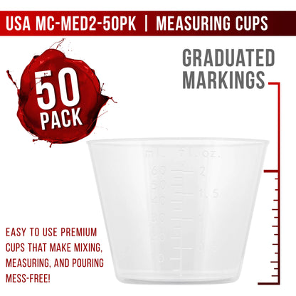 2 Oz (60 ml) Liquid Measuring Cups - Plastic Graduated Cup (50 Pack) with 25 Sticks - Reusable Mixing Cups for Paint, Craft, Kitchen, Lab, Medical Supplies, Epoxy Resin, Art