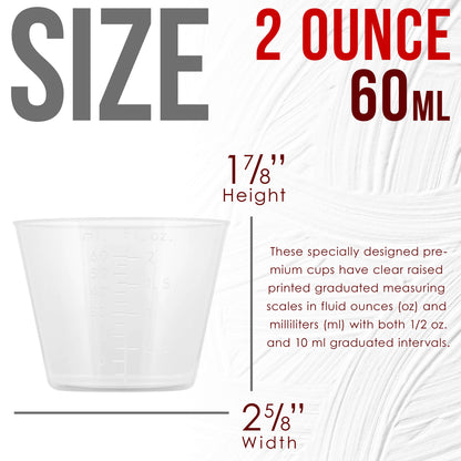 2 Oz (60 ml) Liquid Measuring Cups - Plastic Graduated Cup (50 Pack) with 25 Sticks - Reusable Mixing Cups for Paint, Craft, Kitchen, Lab, Medical Supplies, Epoxy Resin, Art