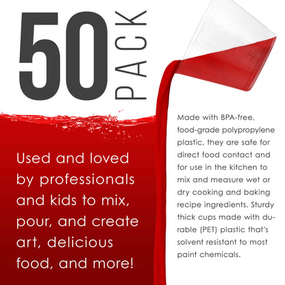 2 Oz (60 ml) Liquid Measuring Cups - Plastic Graduated Cup (50 Pack) with 25 Sticks - Reusable Mixing Cups for Paint, Craft, Kitchen, Lab, Medical Supplies, Epoxy Resin, Art
