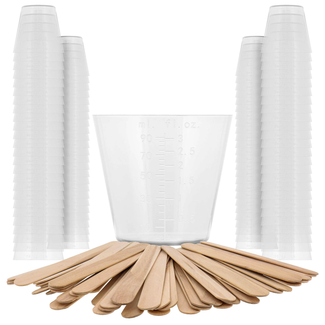 3 Oz (90 ml) Liquid Measuring Cups - Plastic Graduated Cup (100 Pack) with 25 Sticks - Reusable Mixing Cups for Paint, Craft, Kitchen, Lab, Medical Supplies, Epoxy Resin, Art
