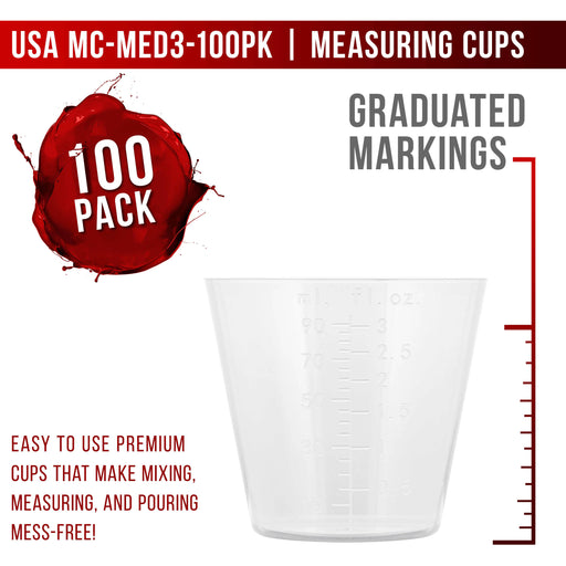Pouring Masters 3 Ounce (90ml) Graduated Plastic Measuring Cups (100 Clear Cups & 25 Mixing Sticks) - OZ, ML Measurements, Acrylic Paint, Resin, Epoxy