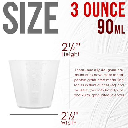 3 Oz (90 ml) Liquid Measuring Cups - Plastic Graduated Cup (100 Pack) with 25 Sticks - Reusable Mixing Cups for Paint, Craft, Kitchen, Lab, Medical Supplies, Epoxy Resin, Art